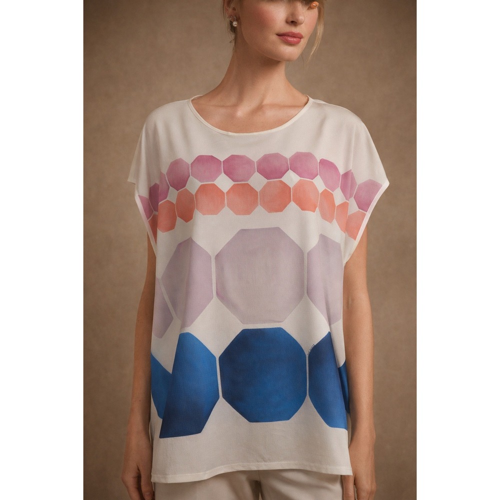 Ted Baker Rozey Geometric Jewel Print Mixed Media Top White Pink Blue SZ 40(Med)